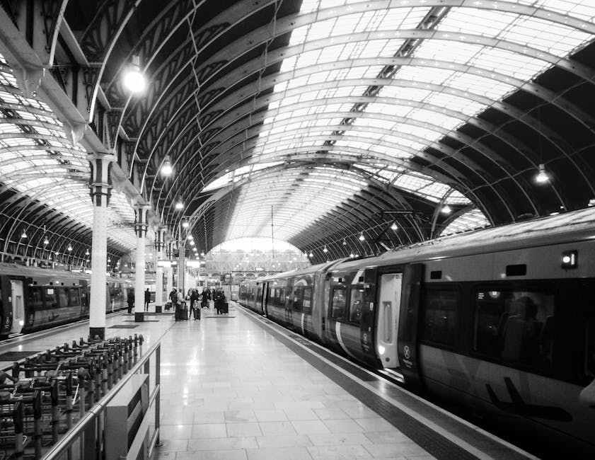A black and white photograph of a busy train station platform with a high, arched glass roof supported by ornate metal beams and columns. Several passengers, some carrying backpacks and luggage, stand