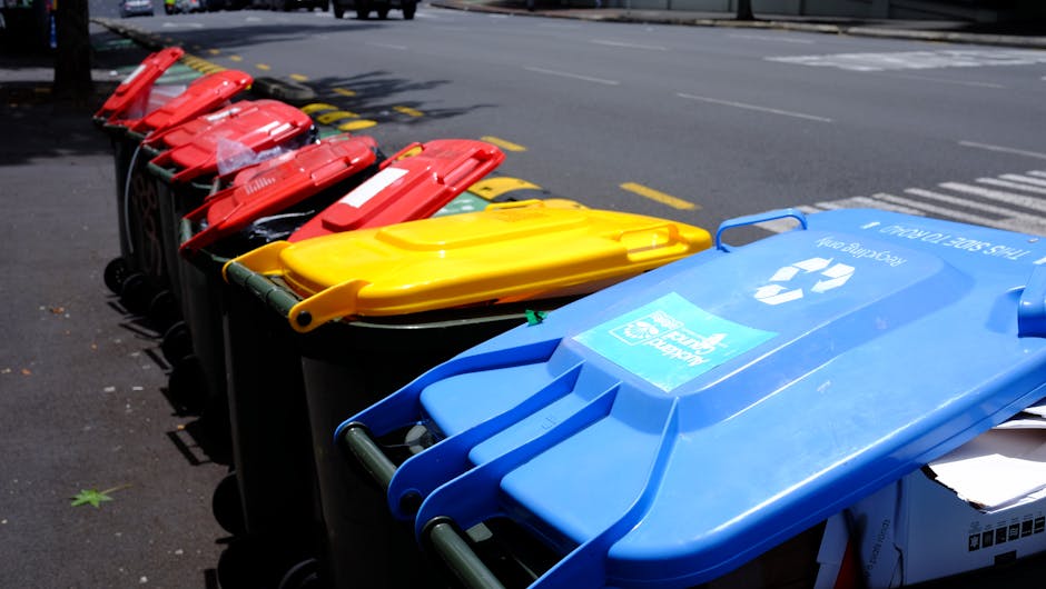 A row of eight wheelie bins lined up along a pavement outside a property, with the first bin being blue designated for recycling, followed by a yellow bin for biodegradable waste, and several red bins for general waste. The bins are made of plastic, each with a hinged lid and labels indicating their recycling or waste type. The recycling blue bin is partially open, with some papers visible inside. The bins are positioned near a road with painted yellow and white markings, and are situated outdoors under natural lighting. This setup reflects typical waste collection and recycling disposal practices in an urban area, relevant to house removals and moving logistics as part of residential property management and environmental compliance. Man and Van Paddington may assist with such services in the local area, ensuring proper waste disposal during home relocations or furniture transport.